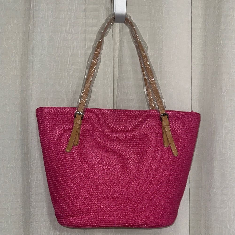 Fuchsia Pink TanβStraw Faux Leather Straps Tote Bag - Picture 3 of 12